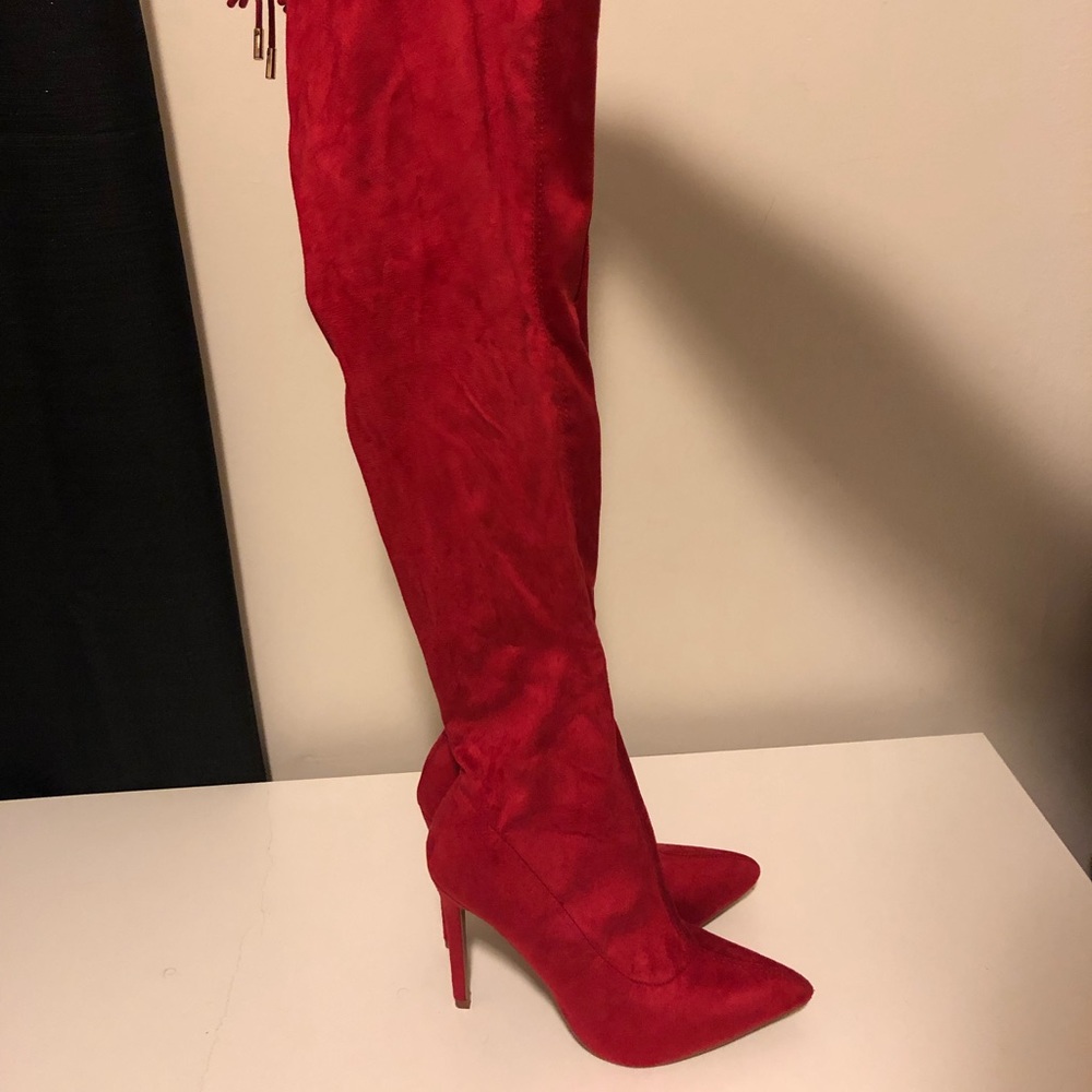 Red thigh high boots